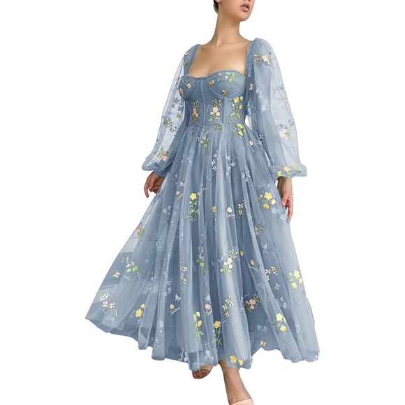 Dresses & Skirts - Women's Puffy Sleeve Prom Dress Flower Embroidery Tulle